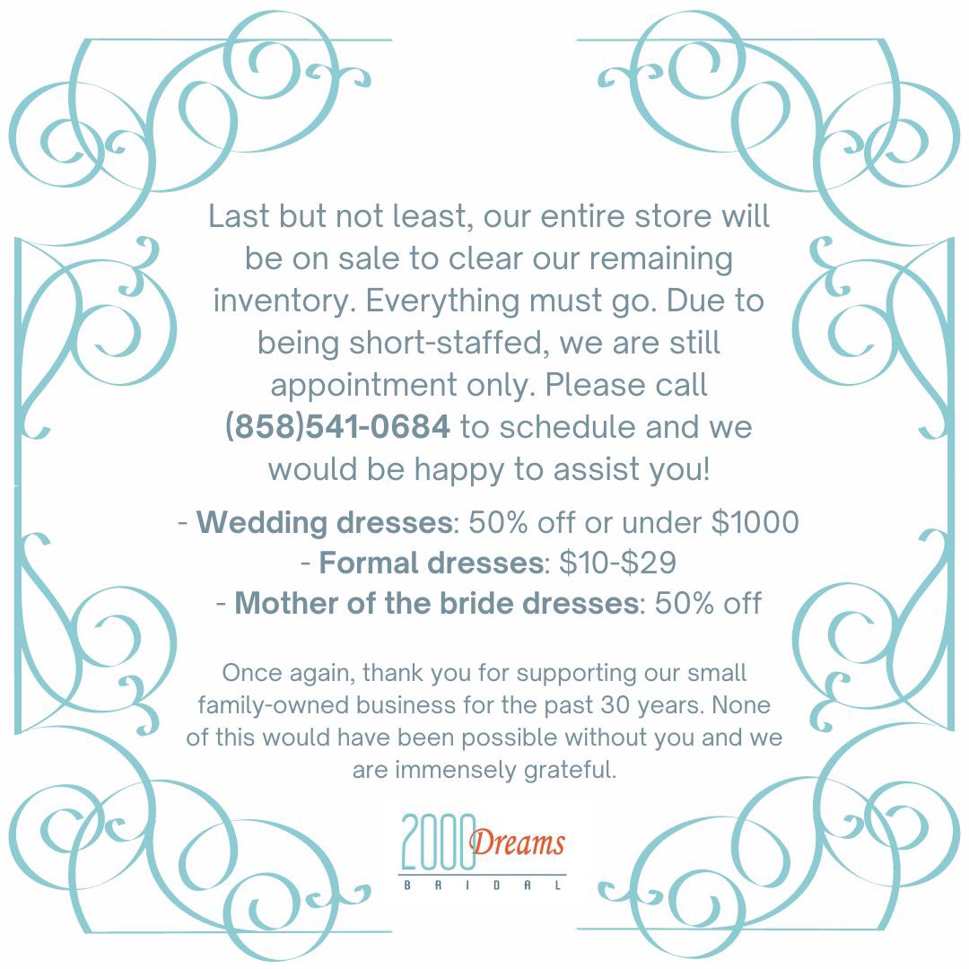 2000 Dreams Bridal Now Open Corona Virus